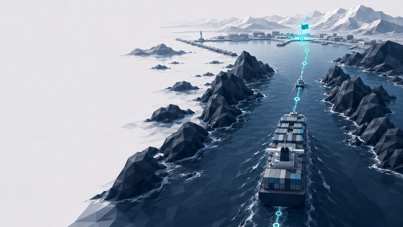 Containerschiff folgt dem Lotsenboot auf der Teal-Route in den Hafen