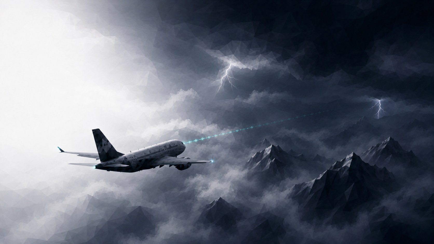 Flugzeug in dunkler Wolkenschicht, die Route bricht ab