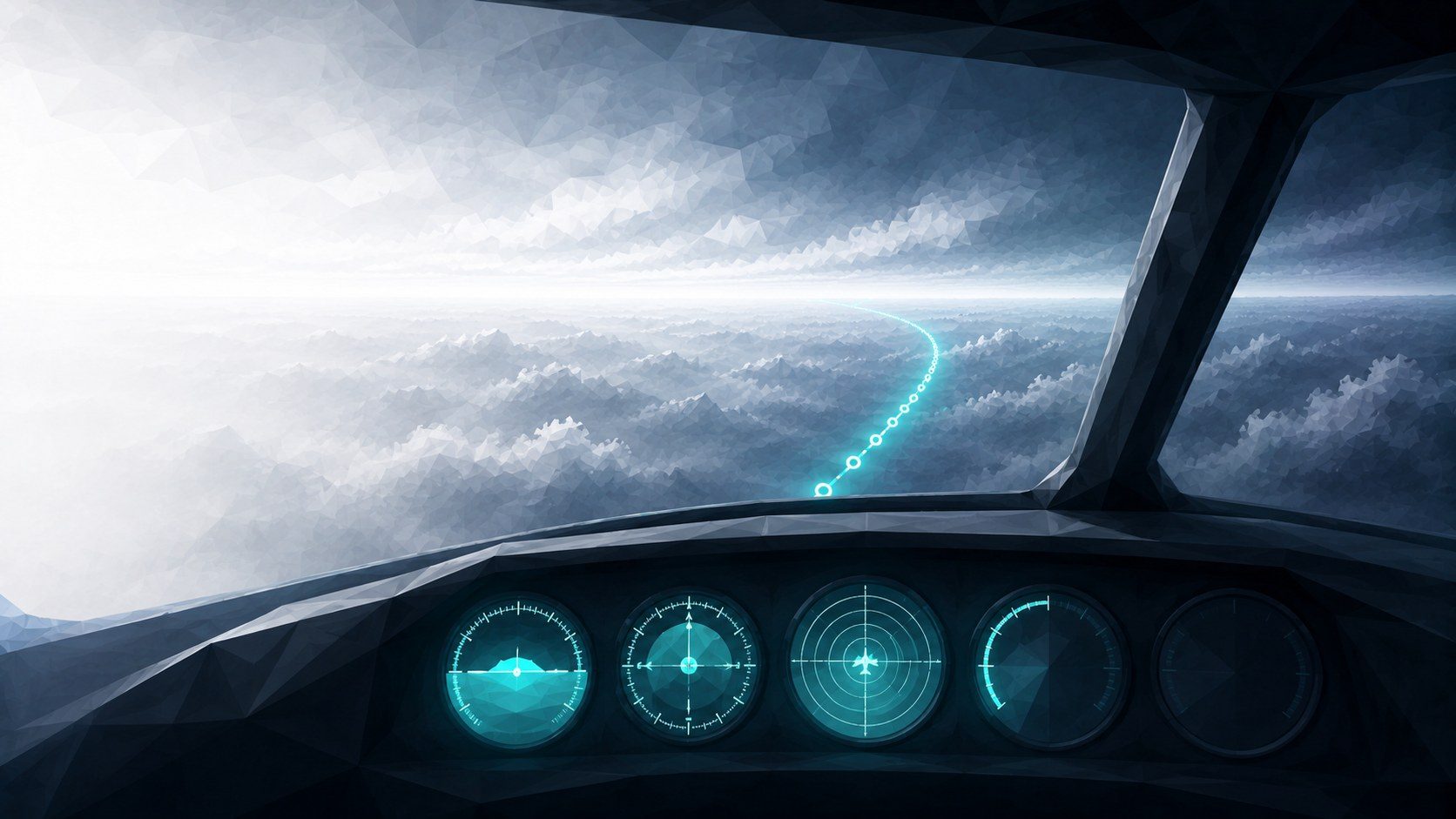 Cockpit-Blick: die Instrumente erwachen, die Route setzt sich zusammen